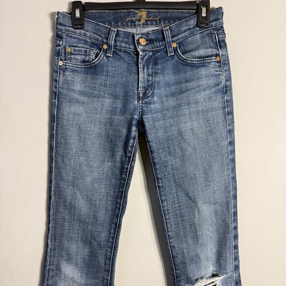 7 For All Mankind Low Rise Flare Denim Jeans Womens 26 Blue Distressed Retro Y2K - Picture 5 of 13